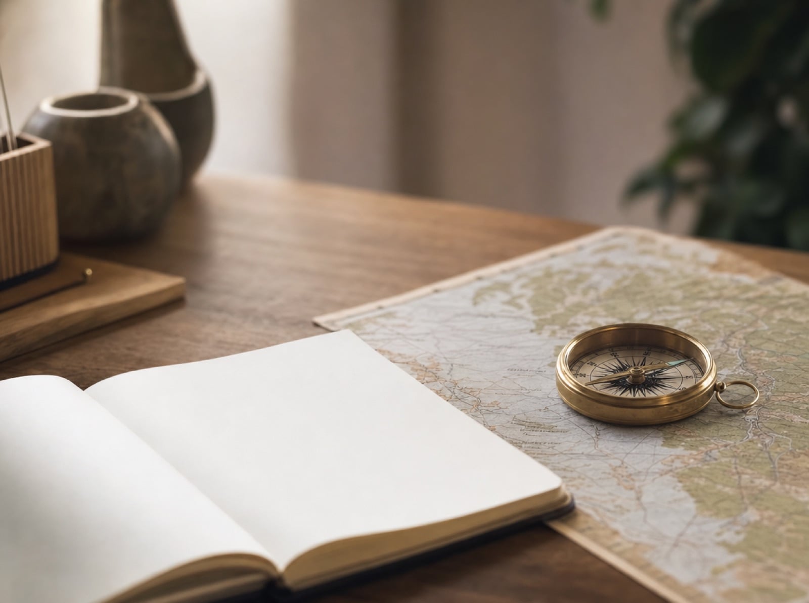 Brújula sobre un mapa difuso junto a una libreta abierta