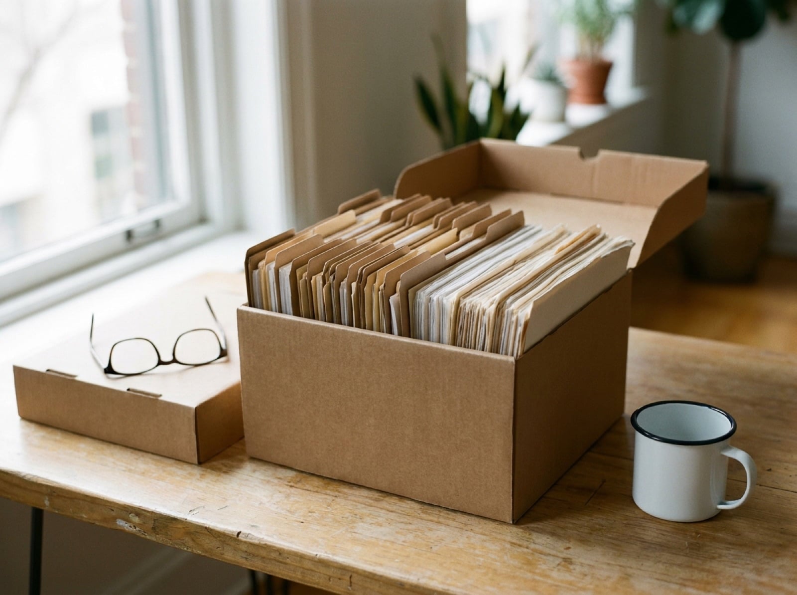 Carpeta de archivo abierta con documentos de nómina ordenados sobre una mesa clara