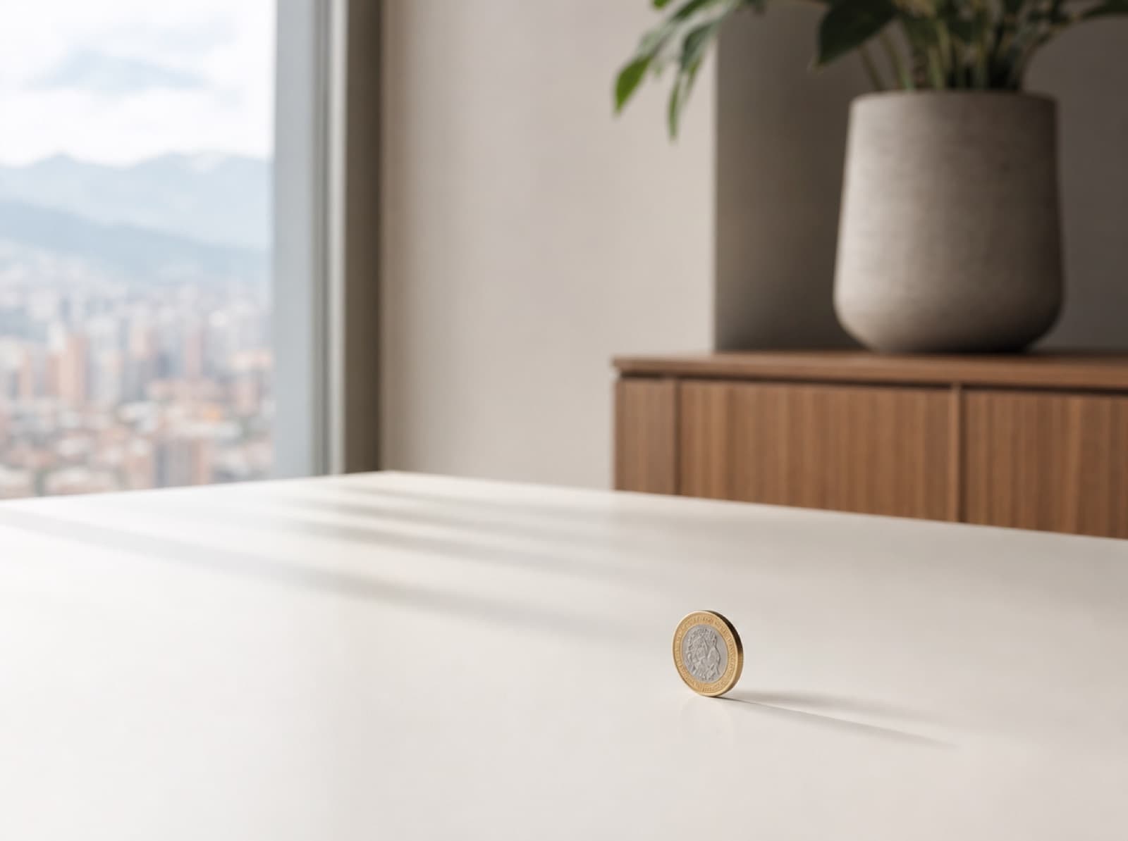 Una sola moneda sobre una mesa blanca amplia con sombra larga