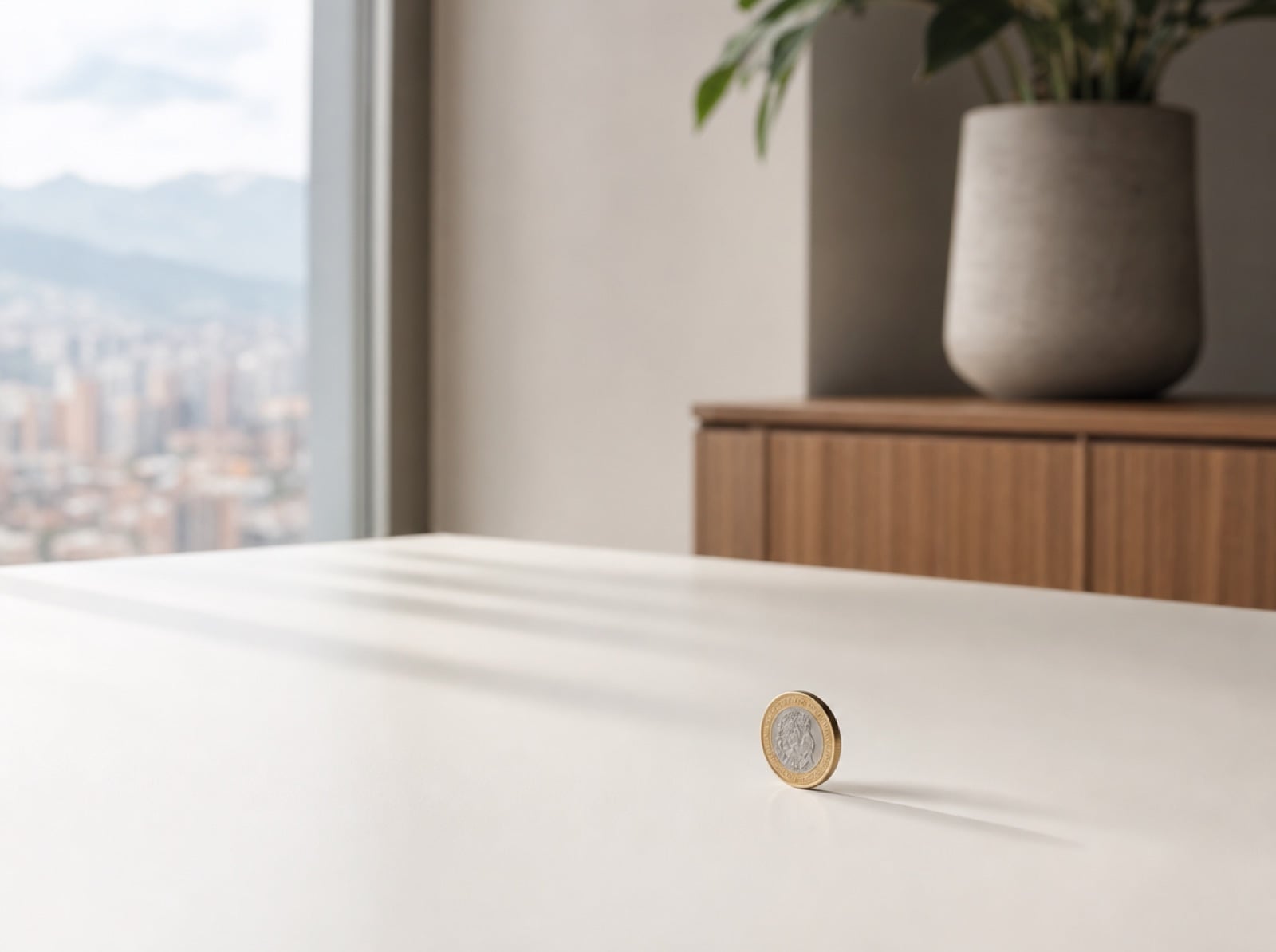 Una sola moneda sobre una mesa blanca amplia con sombra larga