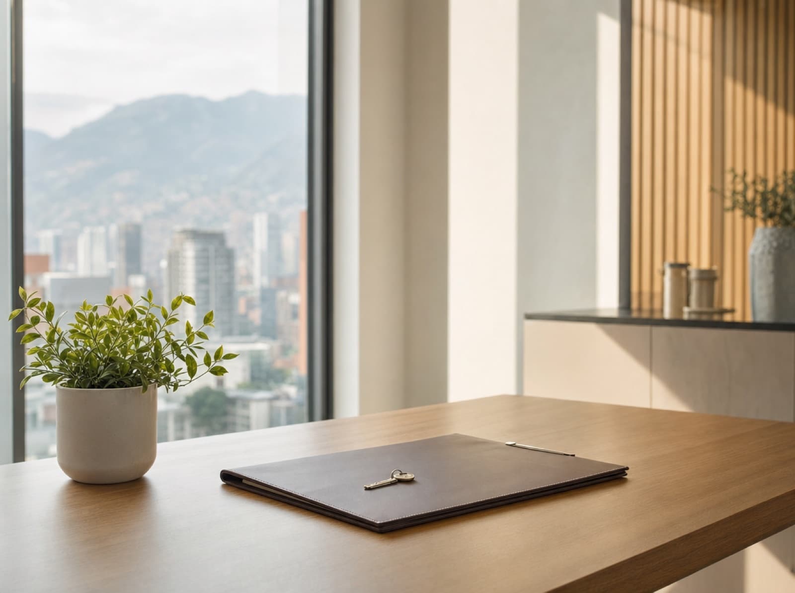 Escritorio nuevo con una planta pequeña, una carpeta vacía y una llave sobre la mesa