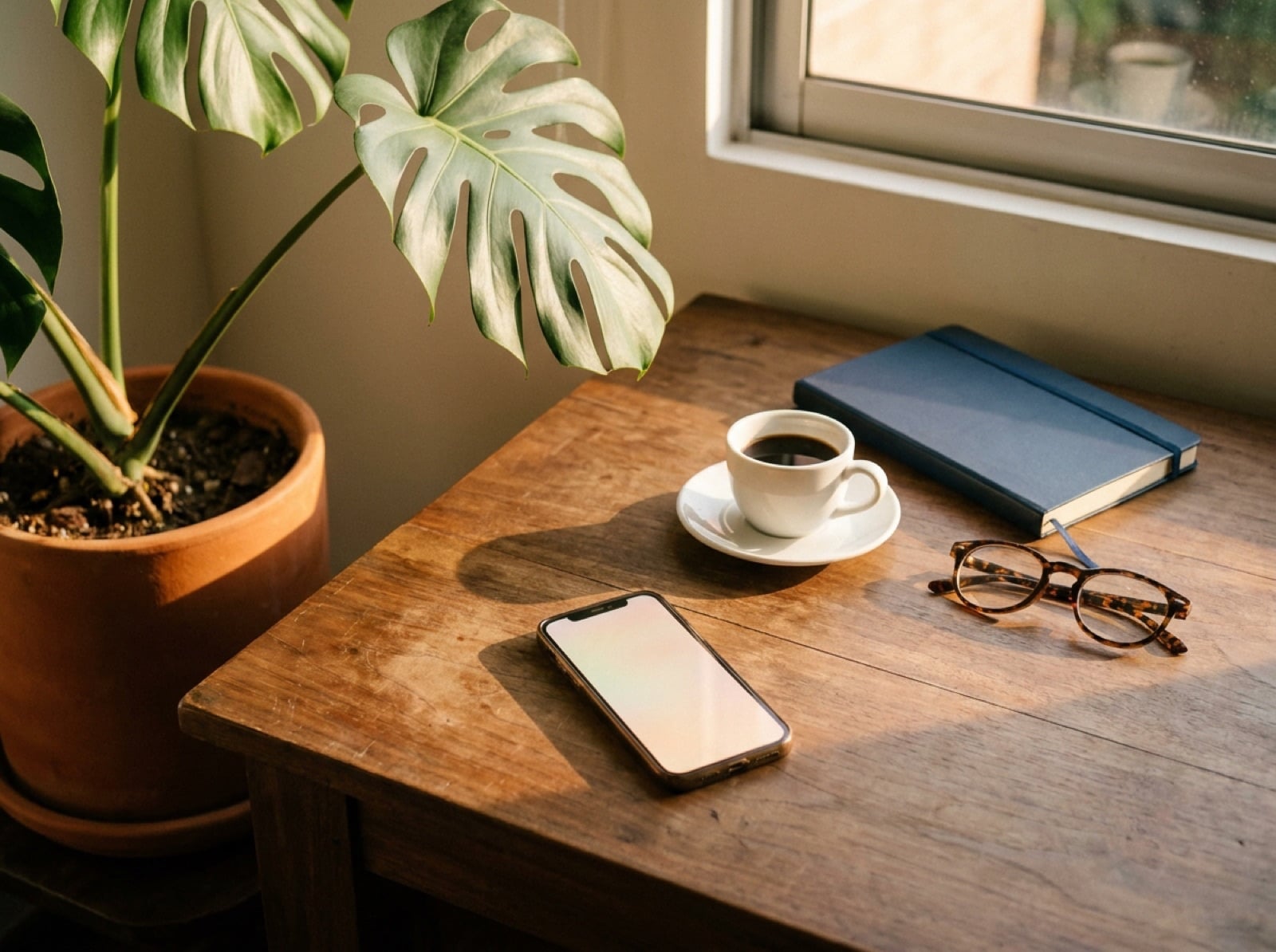 Escritorio de madera junto a una ventana, con un teléfono, una taza de tinto, un cuaderno y unas gafas