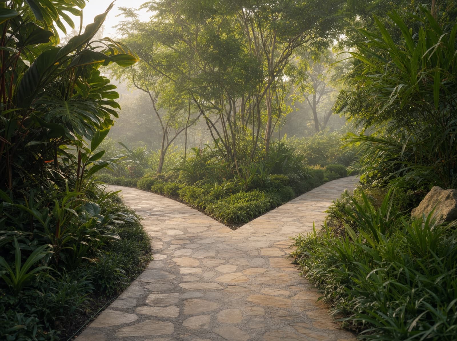Dos caminos de piedra que se separan en un jardín con luz de la mañana