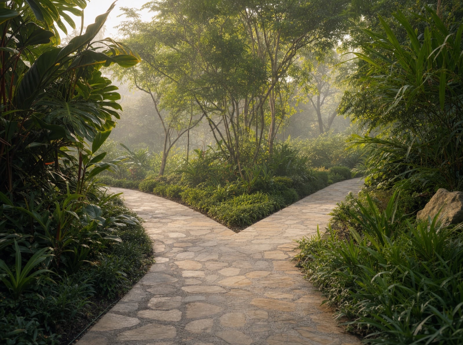 Dos caminos de piedra que se separan en un jardín con luz de la mañana