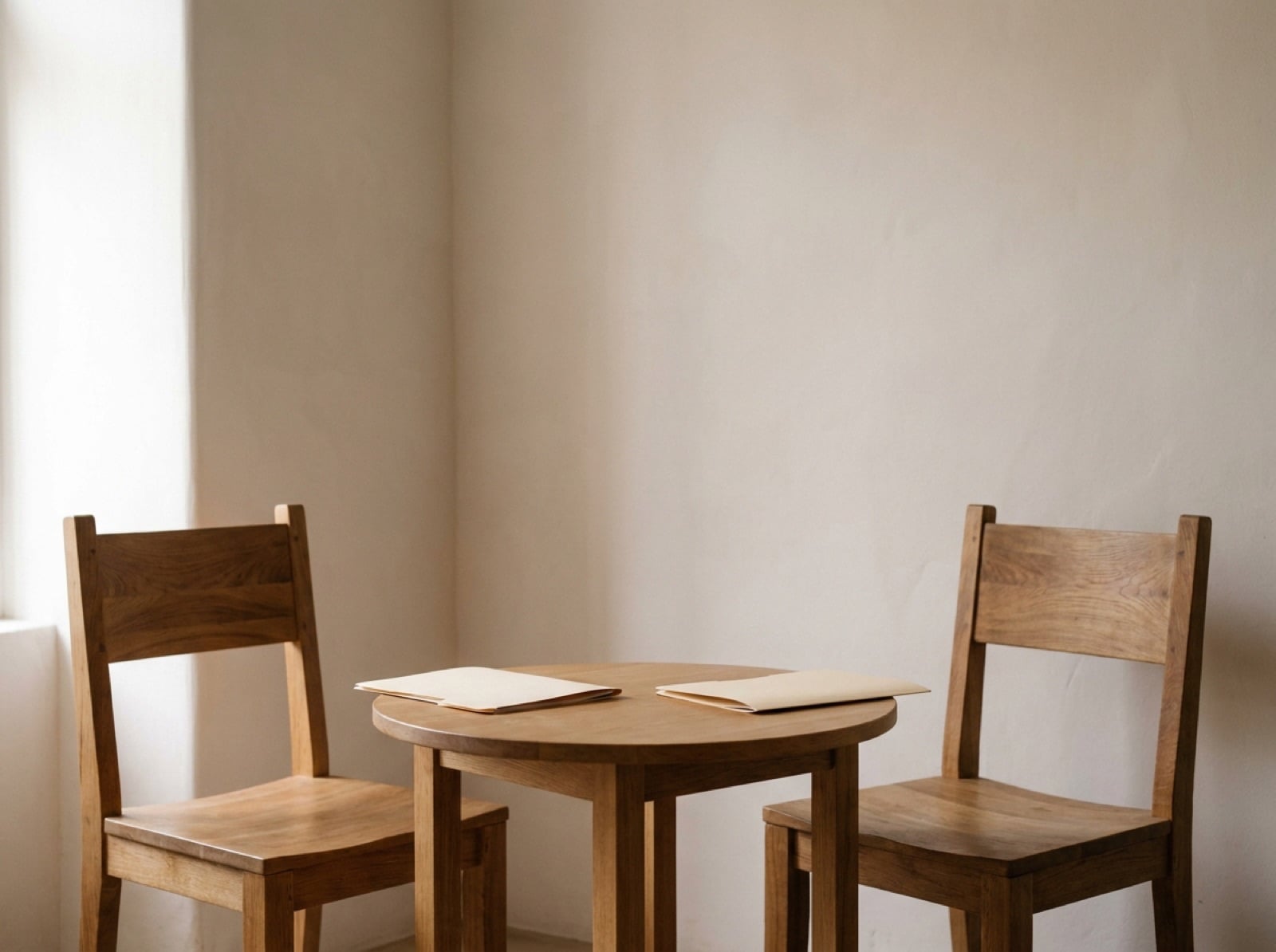 Dos sillas vacías frente a frente junto a una mesa con dos carpetas cerradas