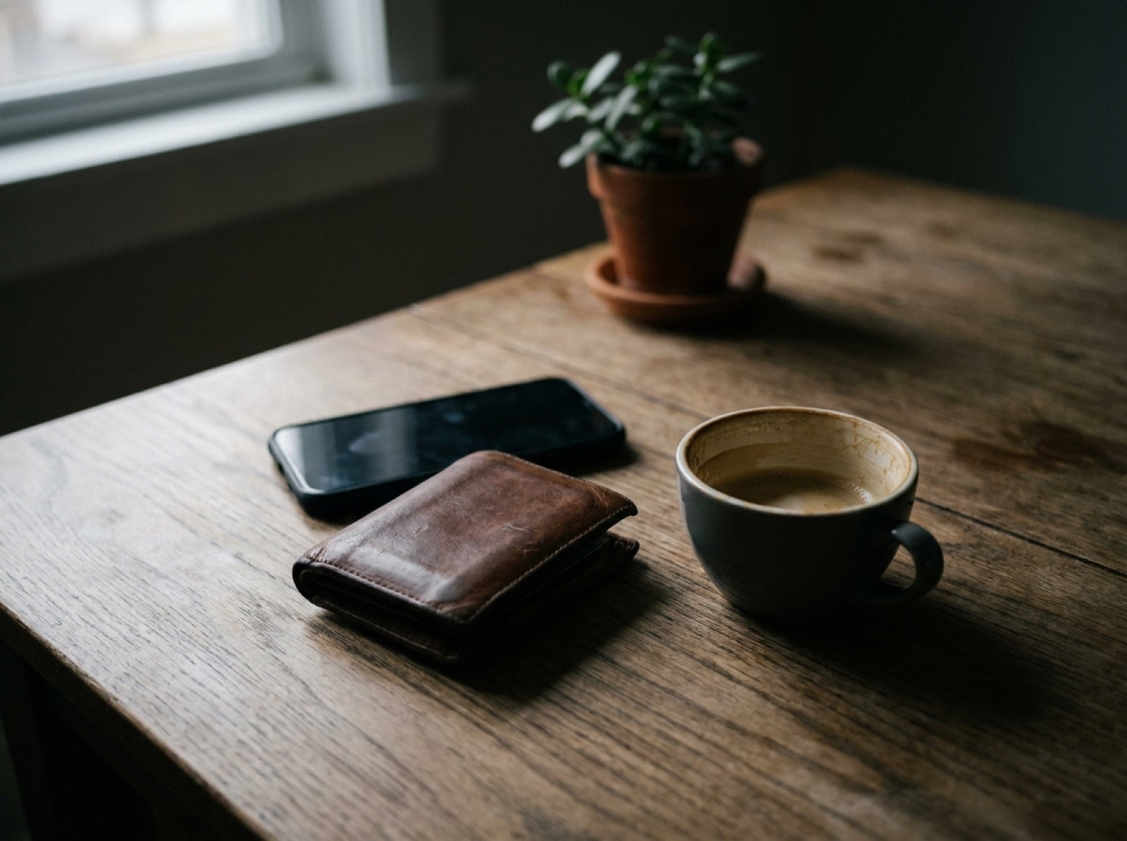 Cartera cerrada y un teléfono boca abajo sobre una mesa de cocina, con luz de mañana