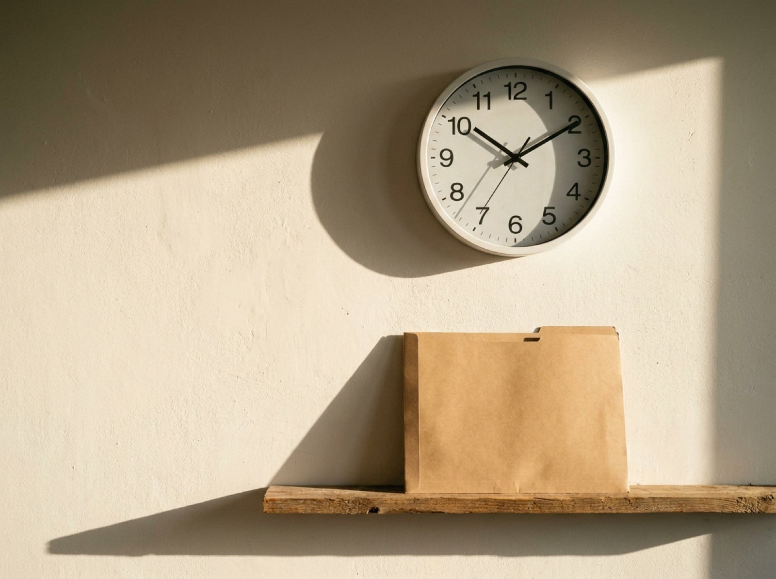 Reloj de pared sencillo junto a una carpeta cerrada sobre una pared clara
