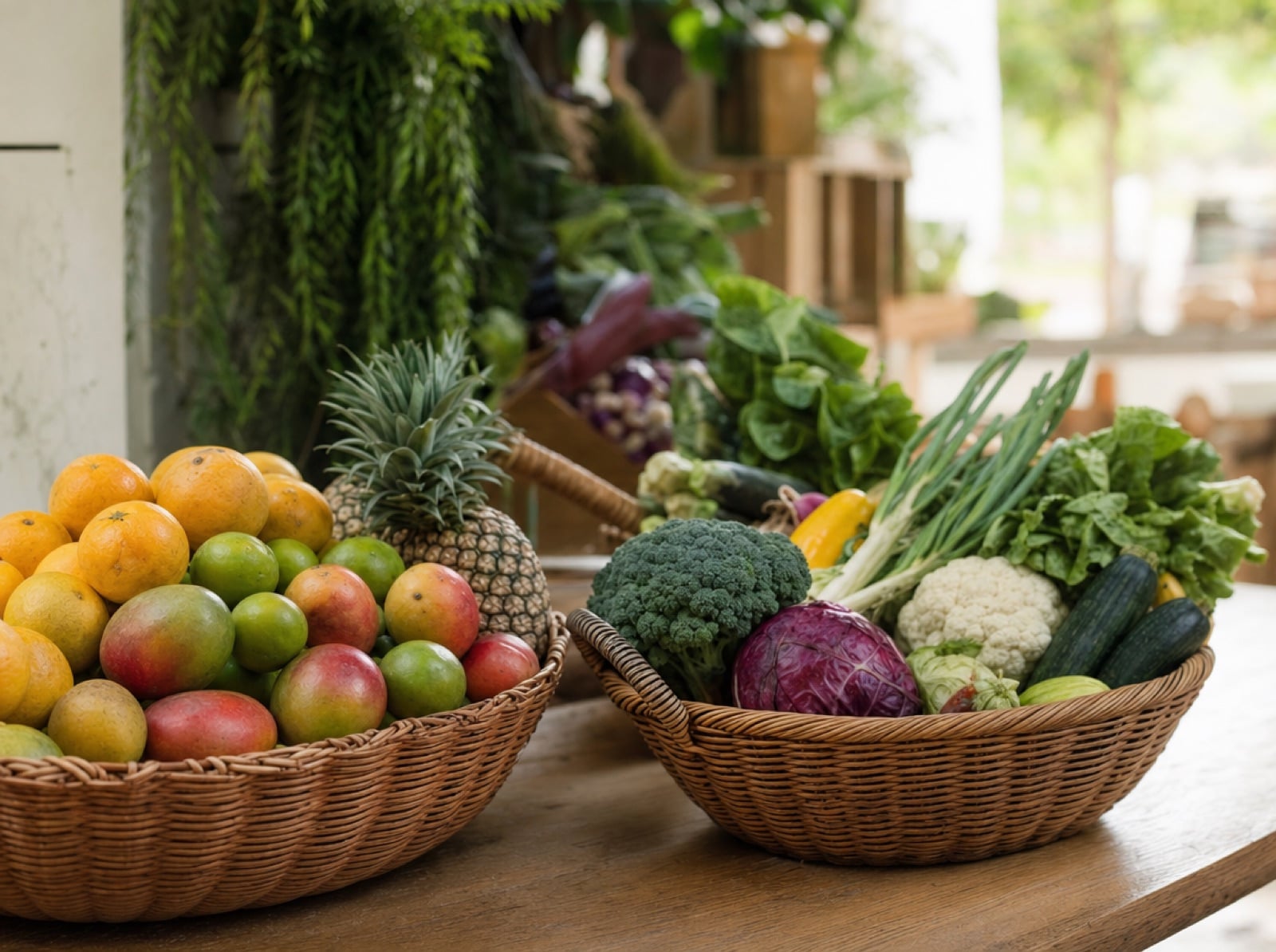 Dos canastas de mimbre con frutas y verduras separadas sobre una mesa de mercado