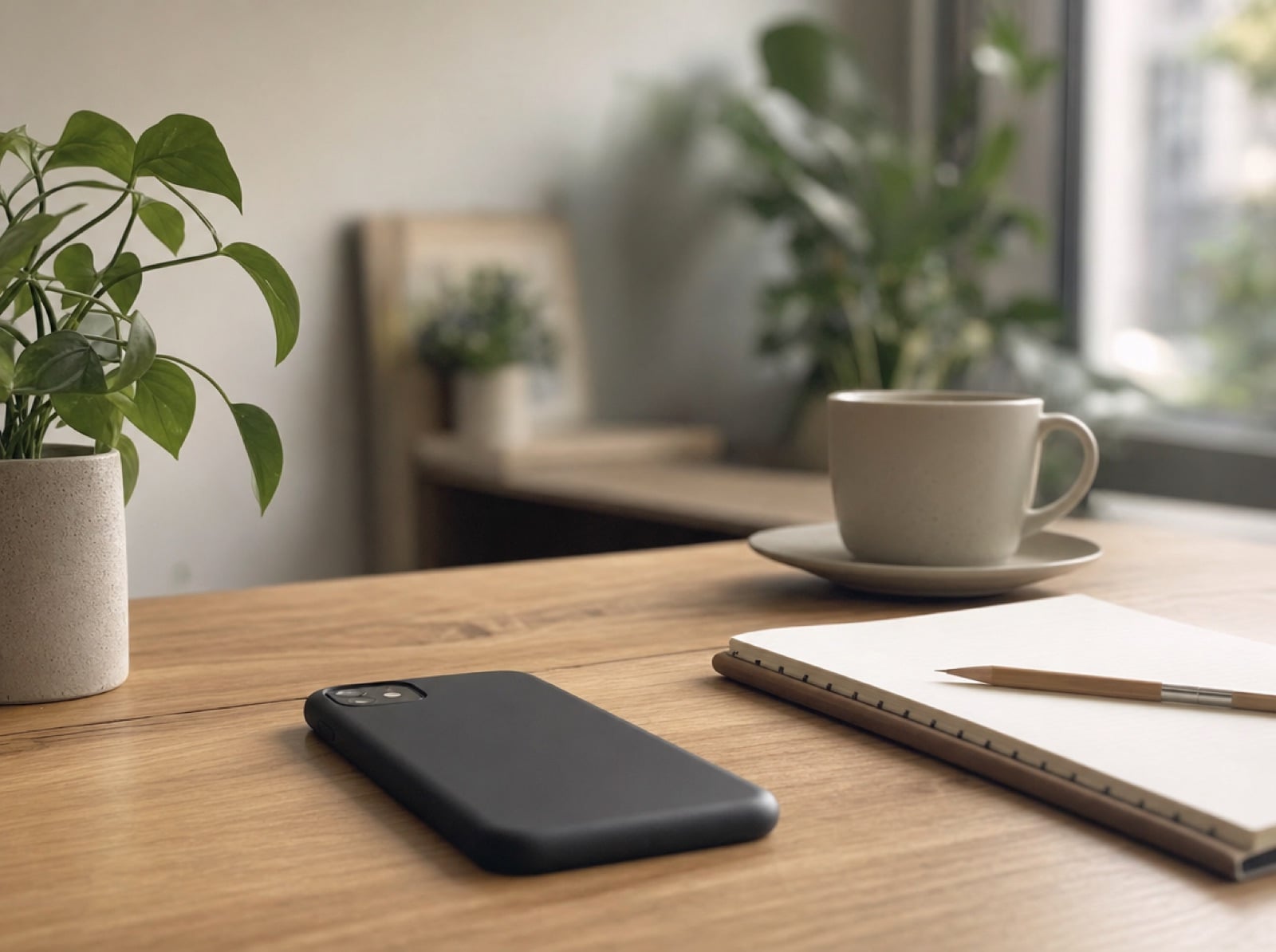Teléfono móvil sobre una mesa junto a una libreta y un lápiz en un espacio de trabajo independiente