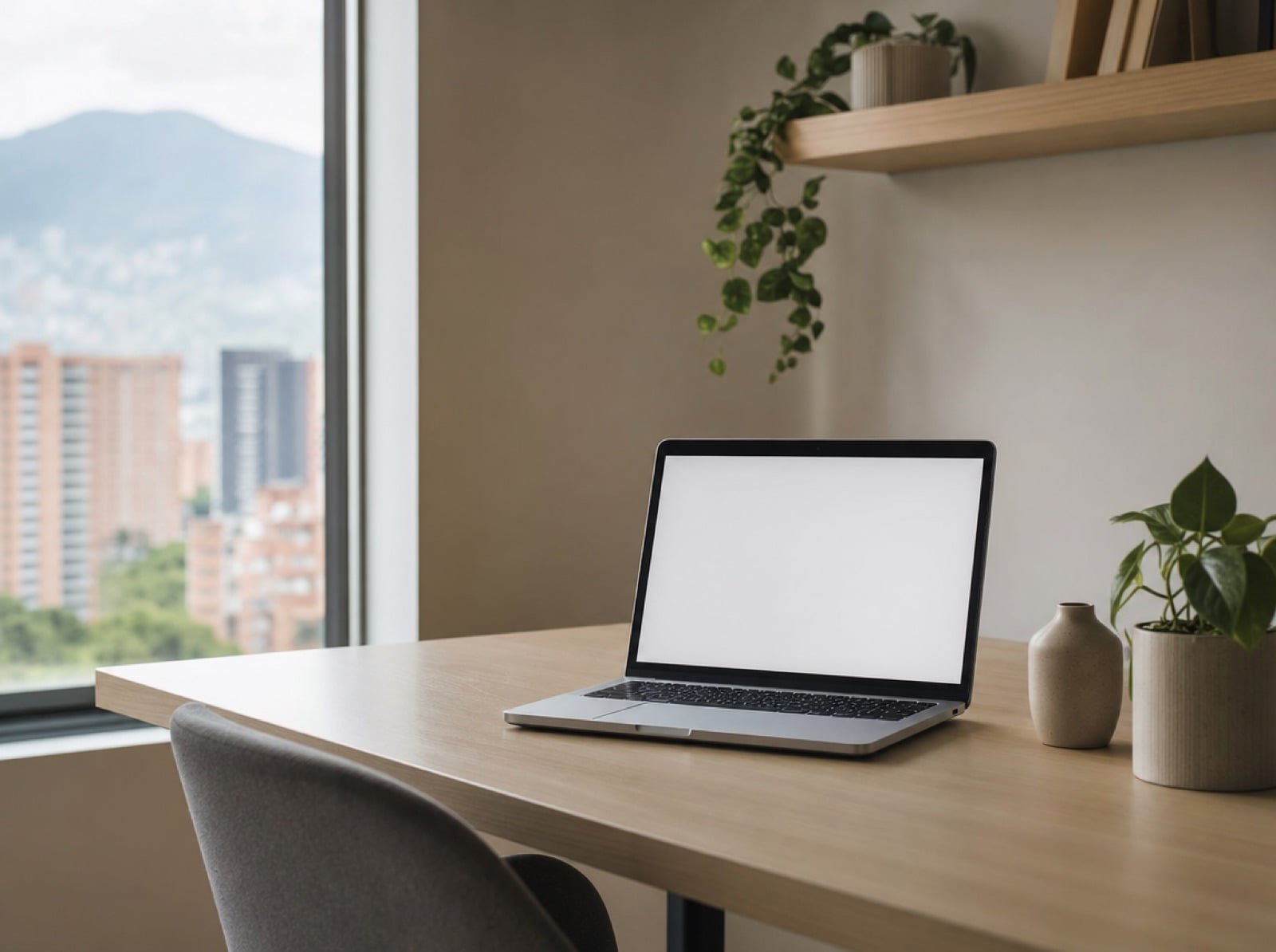Portátil abierto con la pantalla en blanco sobre una mesa sencilla de una oficina pequeña
