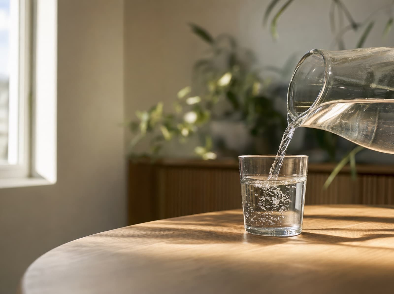 Jarra de vidrio vertiendo agua en un vaso sobre una mesa con luz natural
