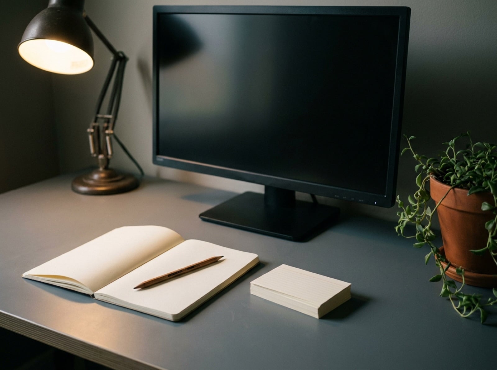 Escritorio con un monitor apagado, una libreta con lista de verificación en blanco y un lápiz