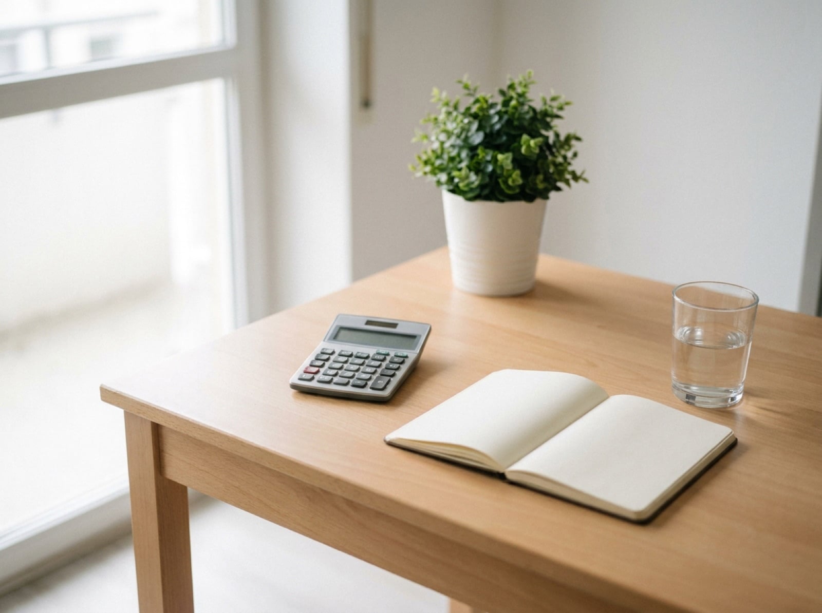 Calculadora, libreta abierta en blanco y un vaso de agua sobre una mesa de trabajo luminosa