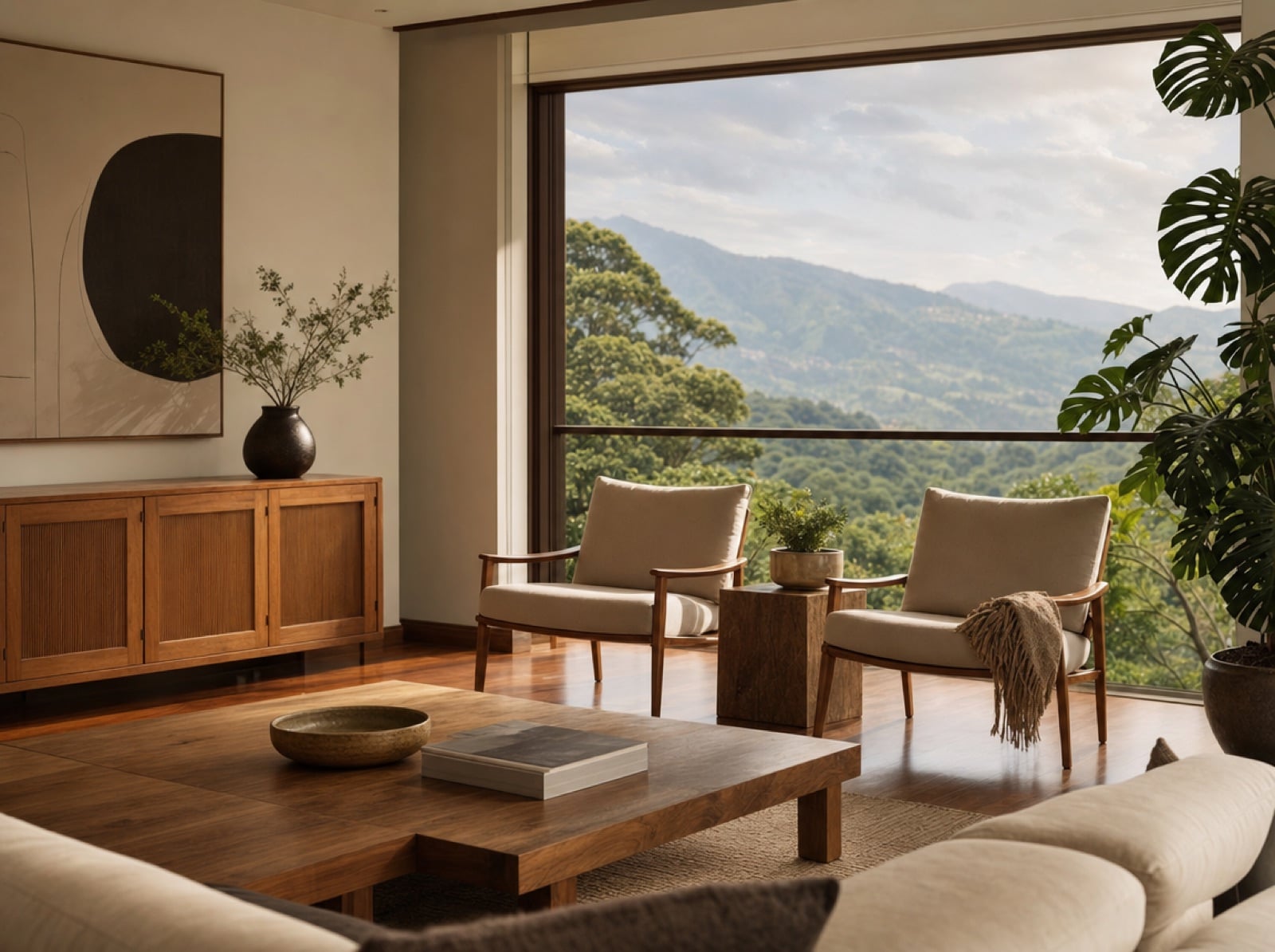 Vista de una sala amplia con muebles de madera y una ventana hacia montañas verdes
