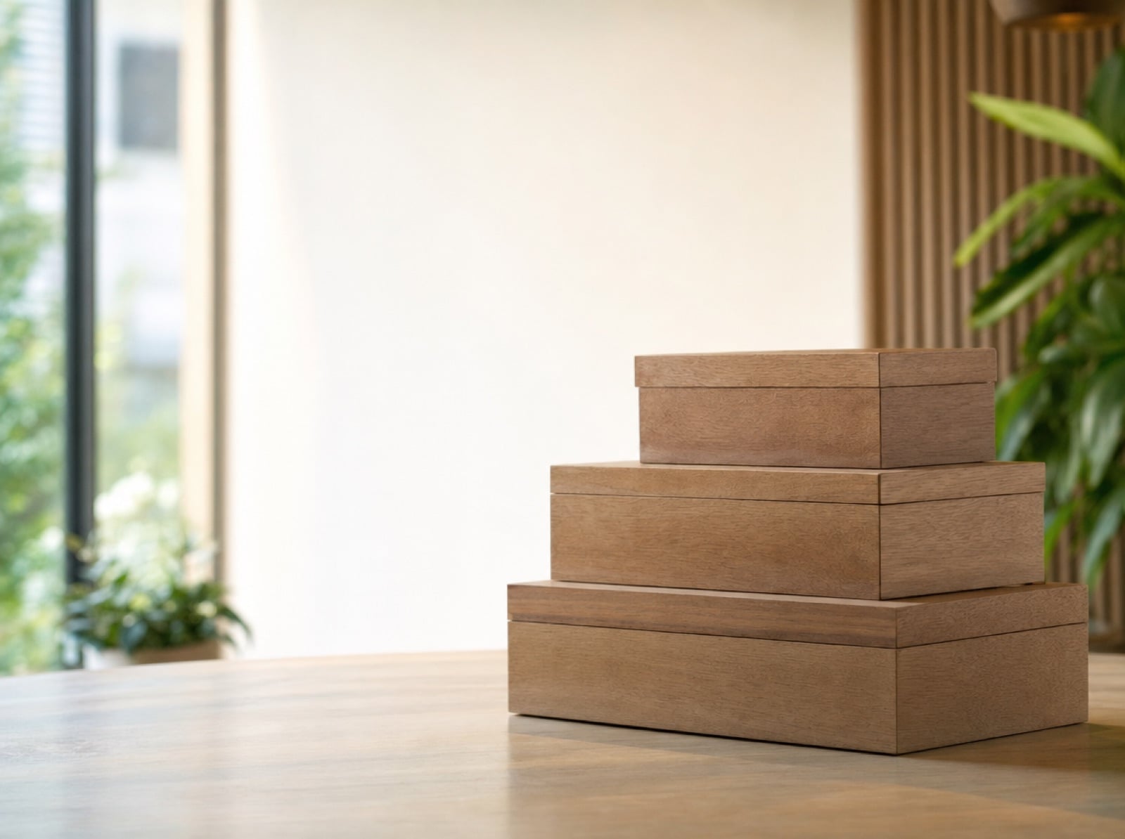 Tres cajas de madera de distinto tamaño apiladas sobre una mesa clara