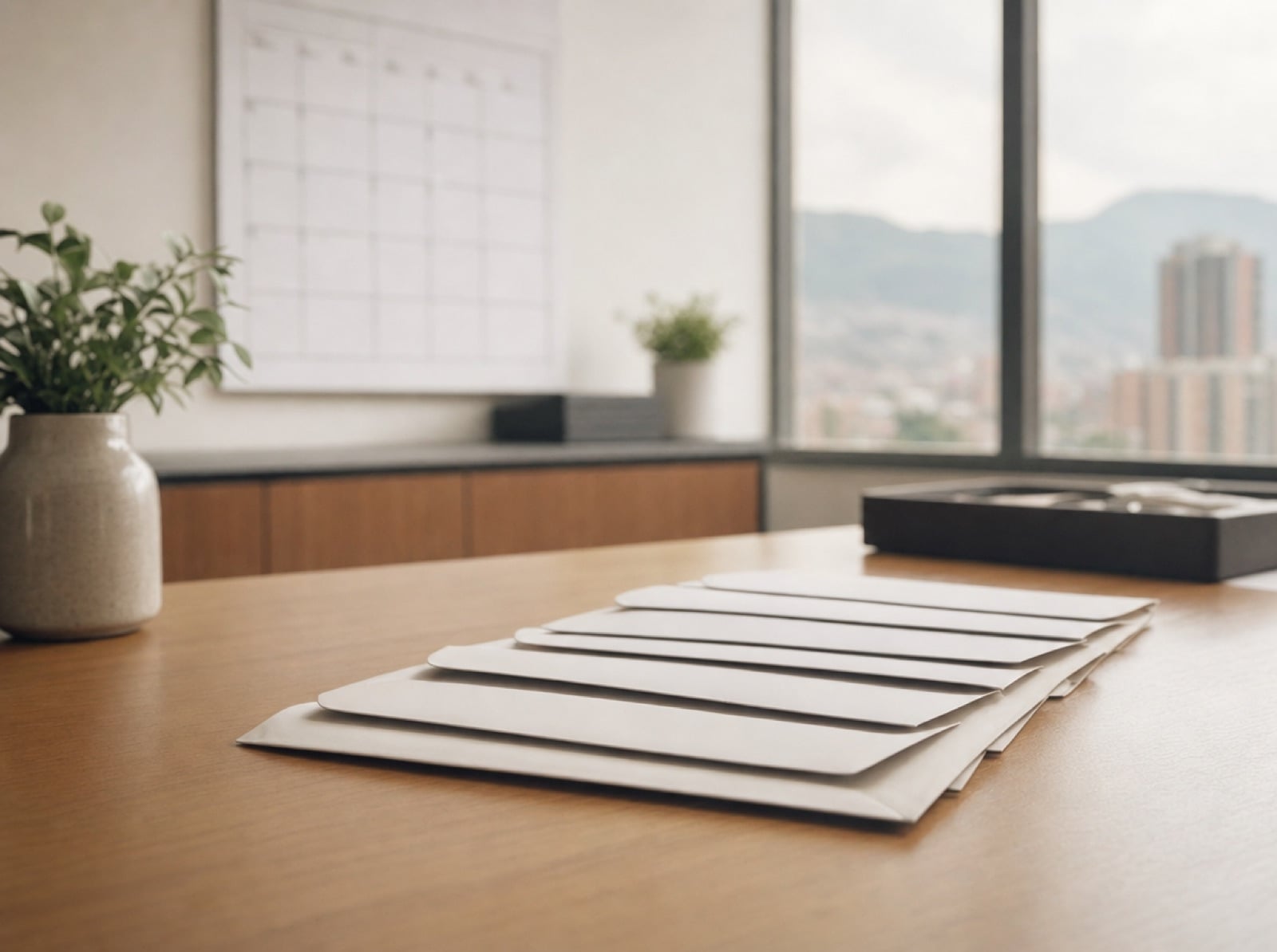 Sobres de pago alineados sobre una mesa de oficina con un calendario de pared al fondo