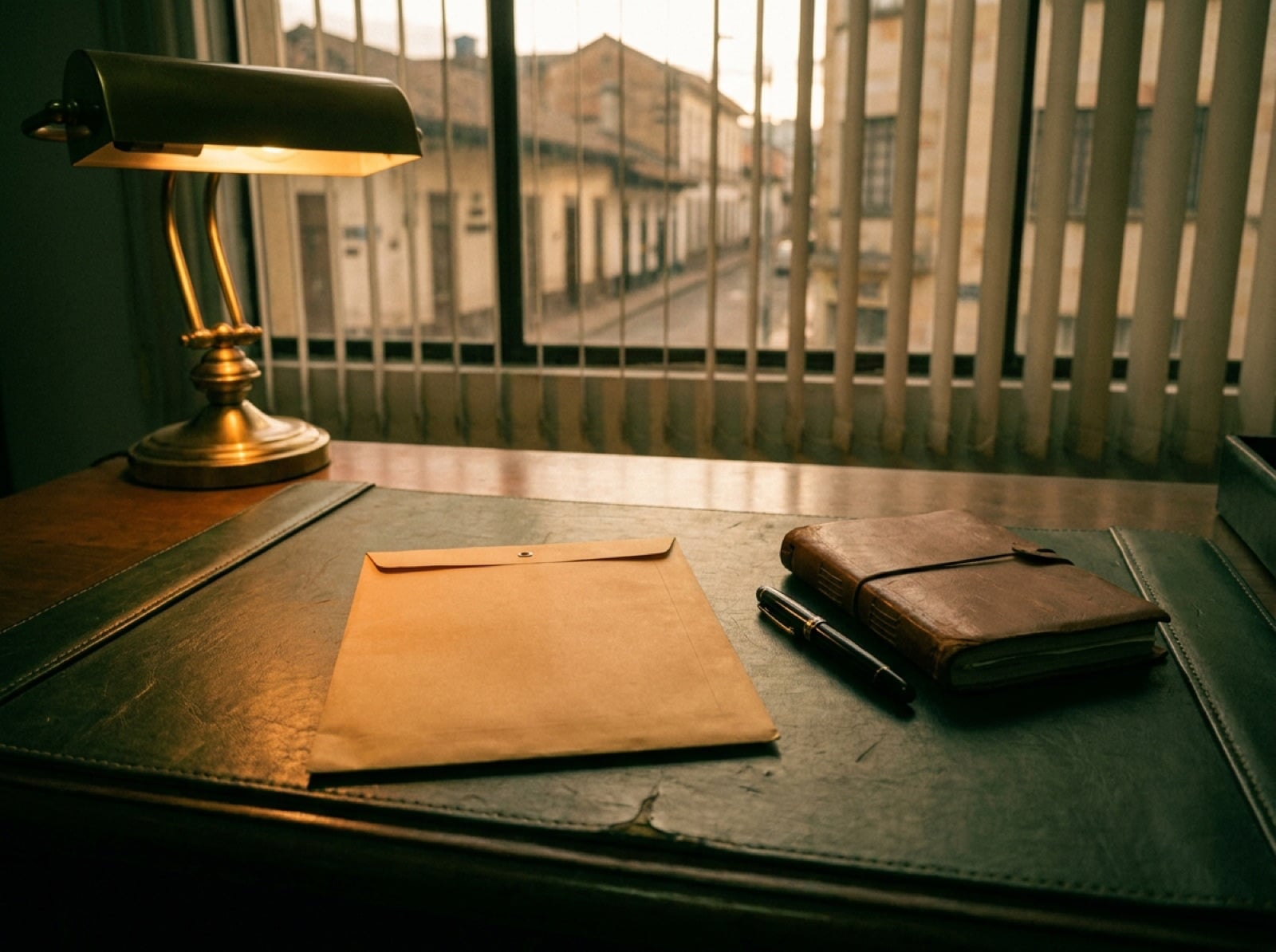 Sobre oficial sin abrir sobre una mesa de trabajo, junto a una agenda y un bolígrafo