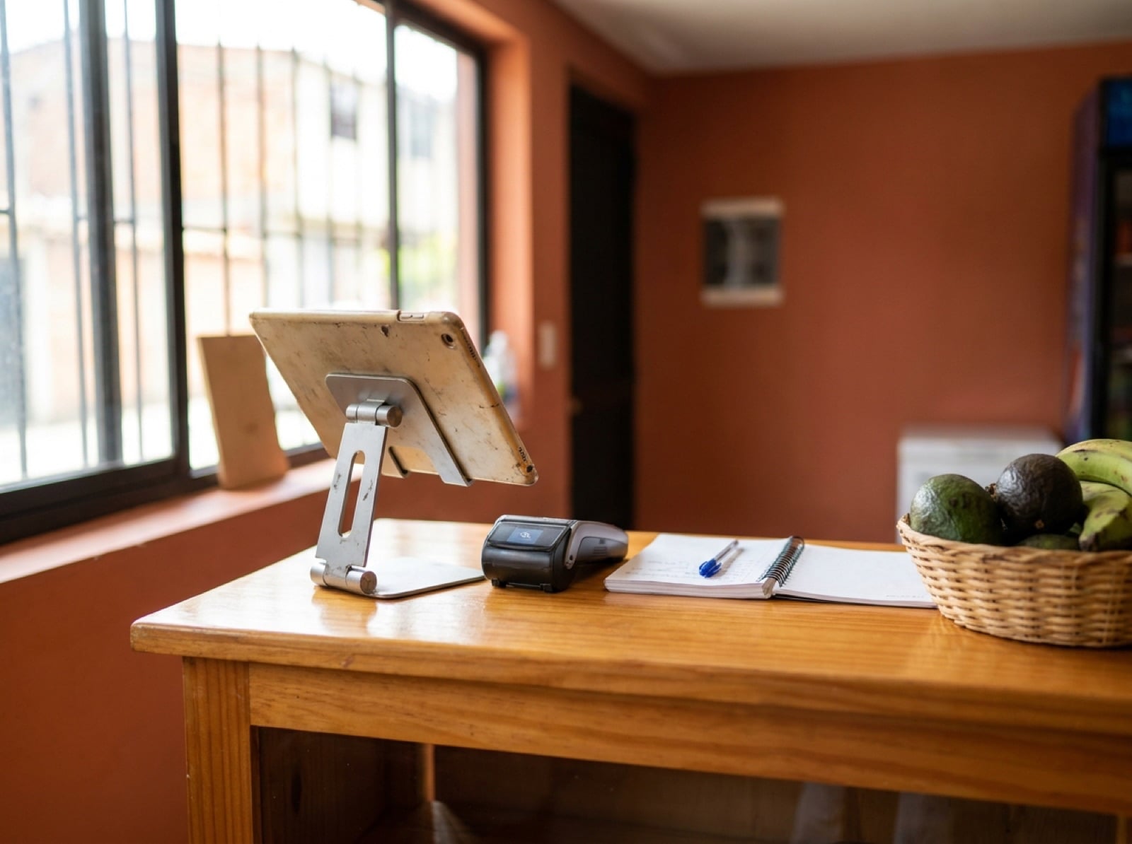 Mostrador de un pequeño comercio con una tableta apoyada, un datáfono y un cuaderno de cuentas