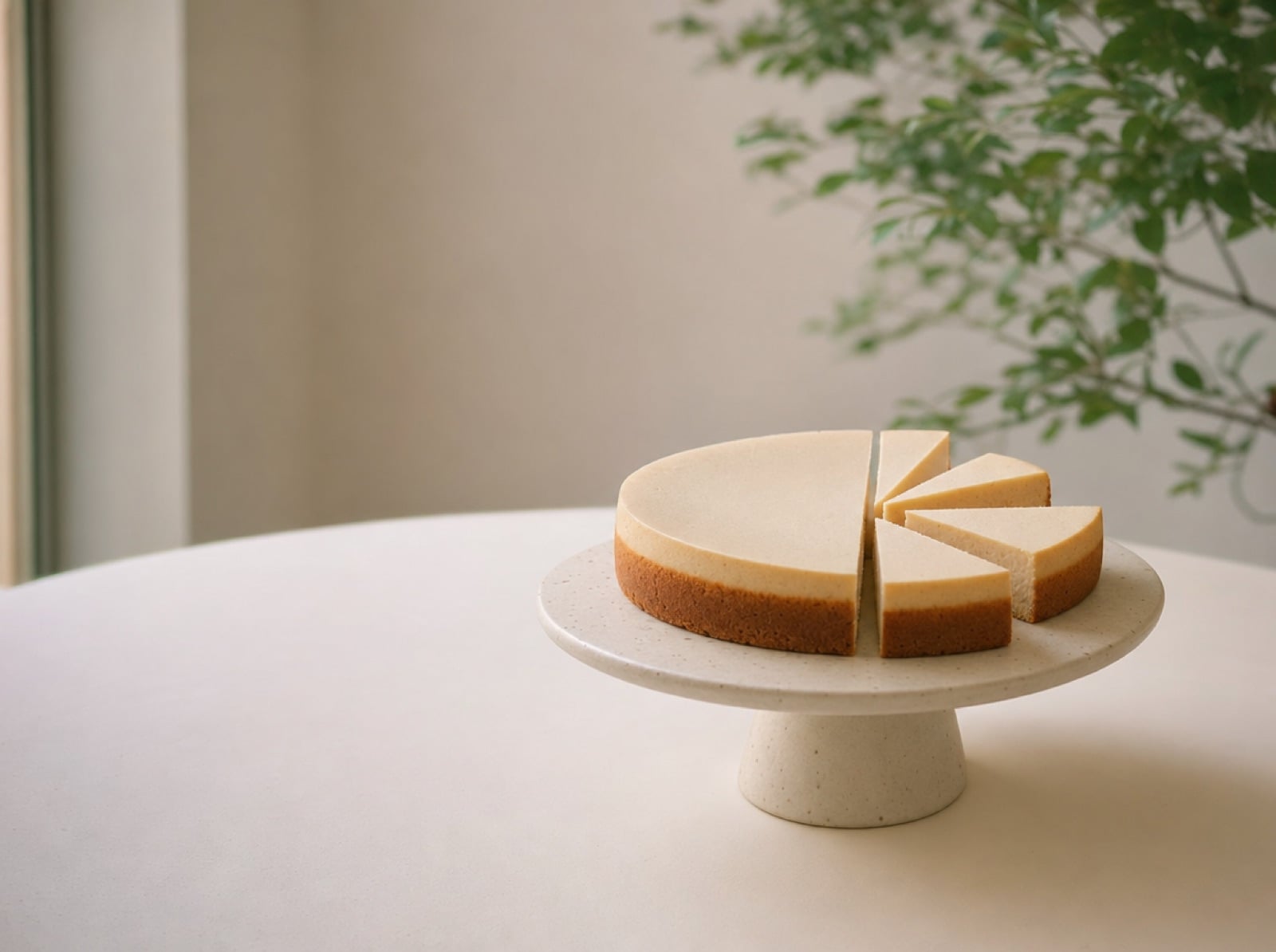 Pastel de cerámica cortado en porciones desiguales sobre una mesa blanca