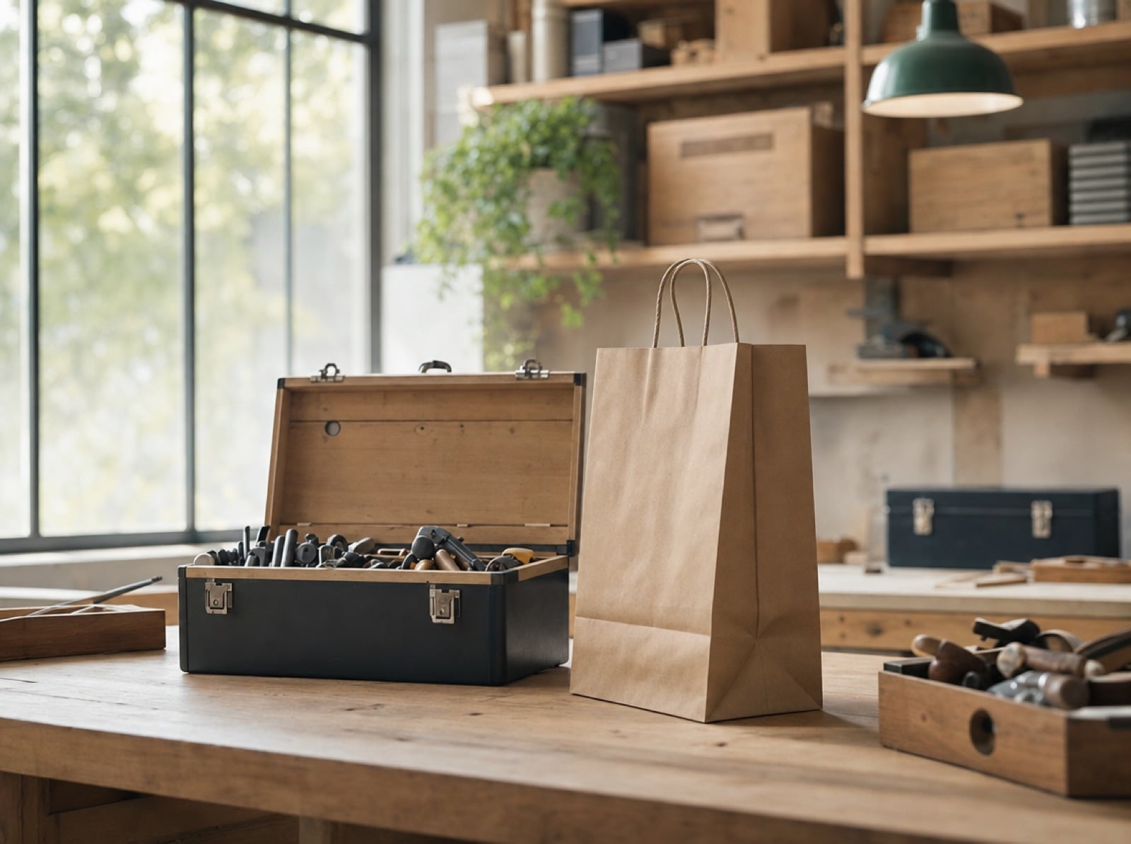 Caja de herramientas abierta junto a una bolsa de compras de papel en un taller ordenado