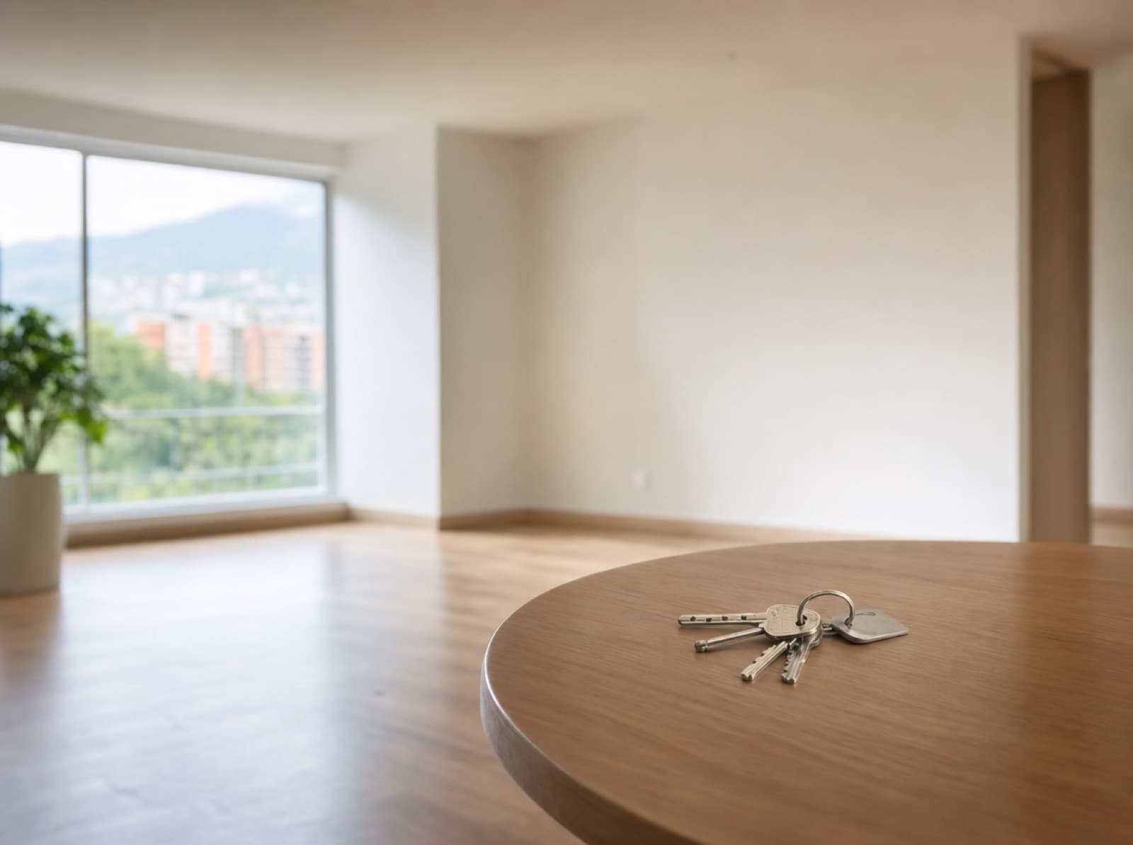 Llaves de una casa sobre una mesa vacía en un apartamento luminoso sin muebles