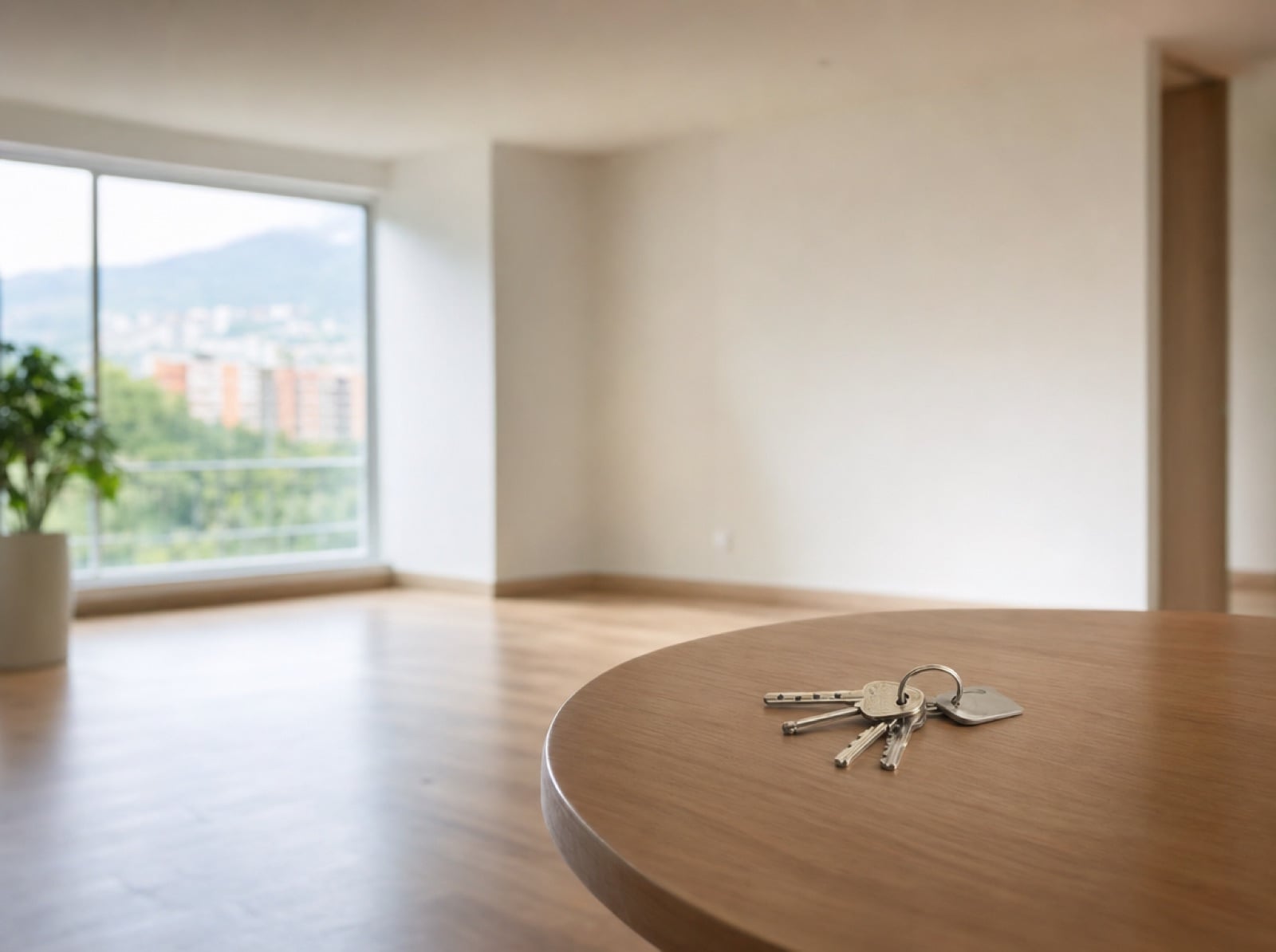 Llaves de una casa sobre una mesa vacía en un apartamento luminoso sin muebles