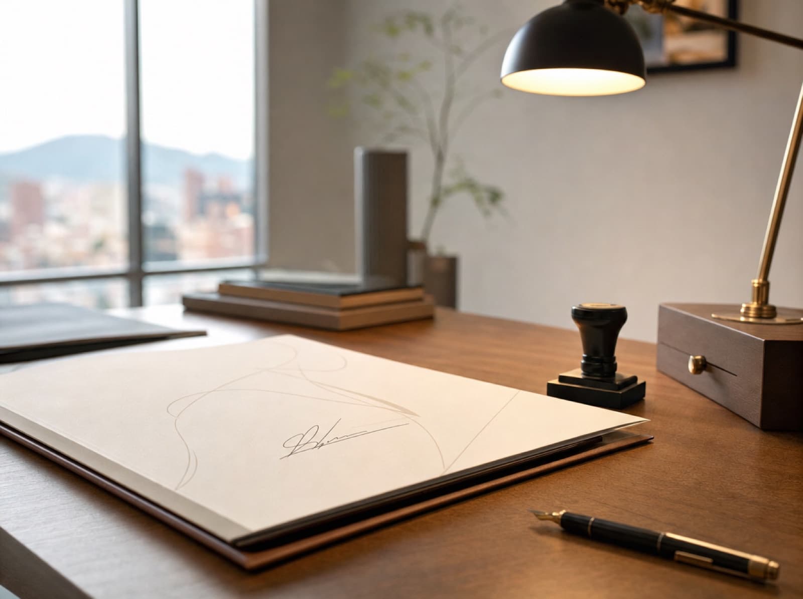 Mesa de oficina con una carpeta firmada difusa, un sello y una pluma