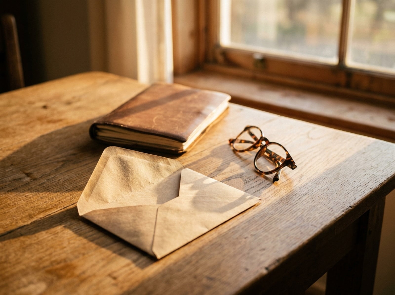 Sobre abierto vacío junto a una libreta y unas gafas sobre una mesa con luz cálida