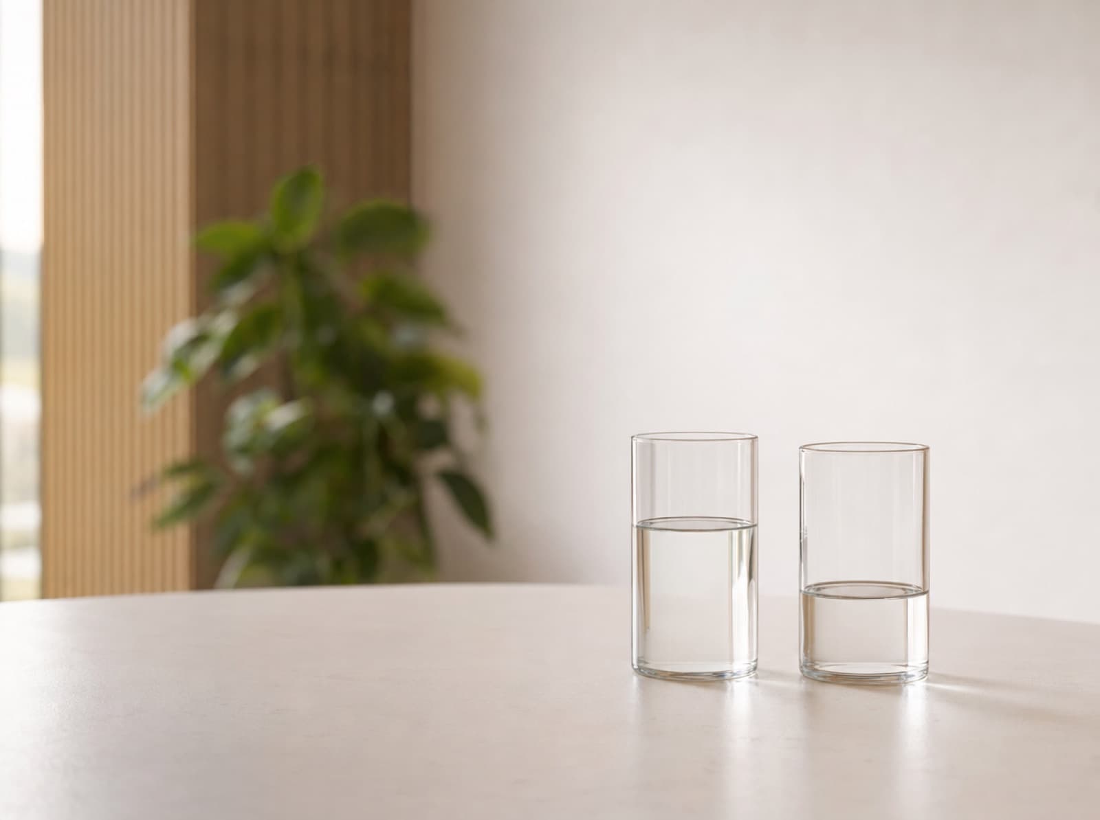 Dos vasos de vidrio con agua a distinto nivel sobre una mesa clara con luz lateral