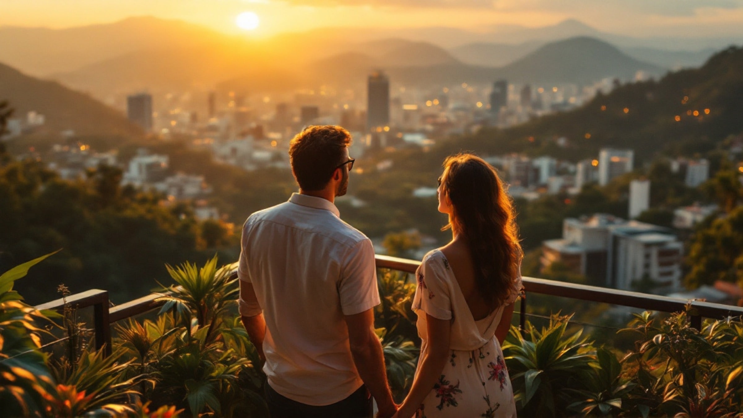 A couple looking out over Medellín at golden hour from a terrace in El Poblado