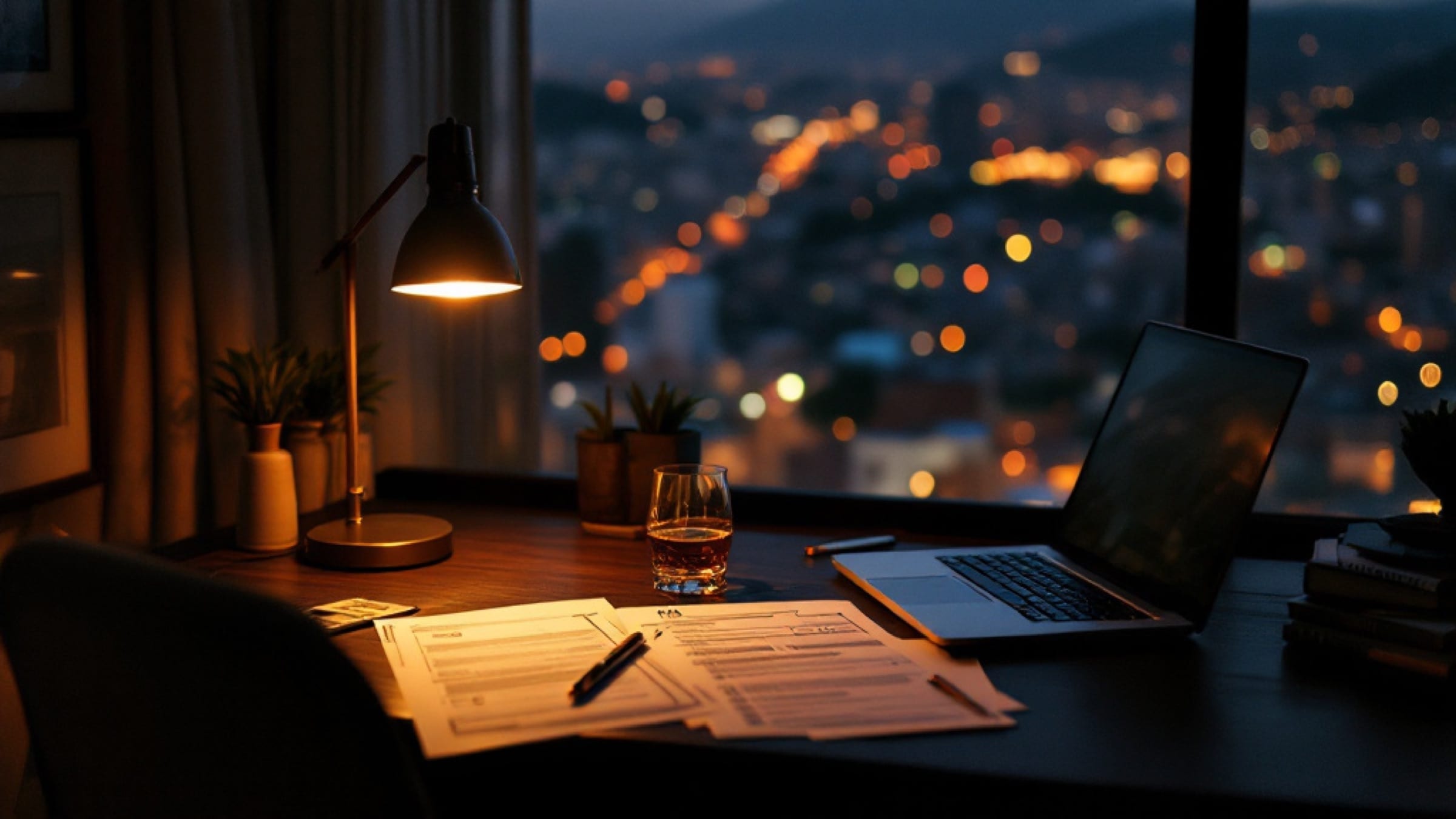 Tax documents on a desk in Medellín in the evening