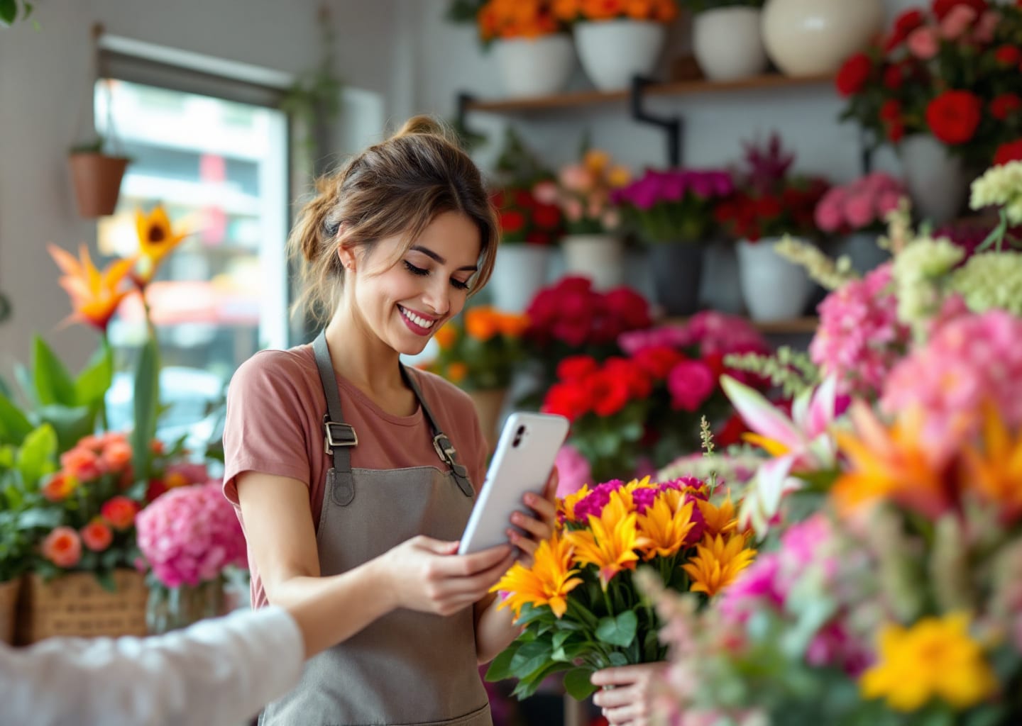 Propietaria de una floristería revisando las cuentas de su negocio en una tableta